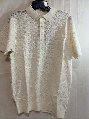Threadbare Men’s Open Knit Short Sleeve Polo Top in Cream Small